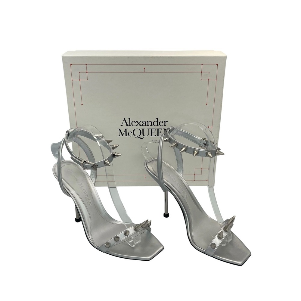 Alexander McQueen Spike Stud Silver Metallic Leather Sandals EU 38.5 US 8.5
